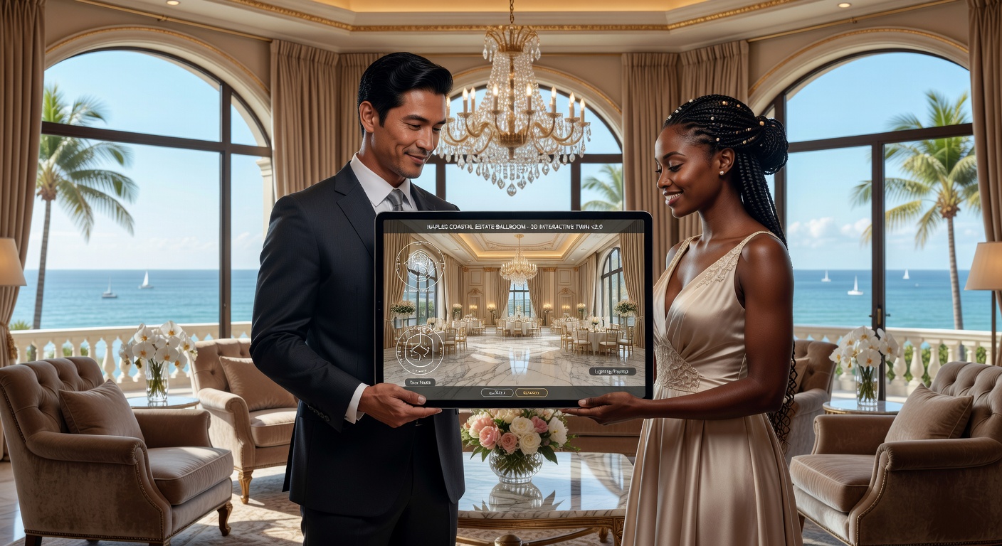 Luxury Naples event venue ballroom with ornate details shown as interactive 3D digital twin, couples virtually viewing the space for wedding planning, romantic atmosphere, 8K