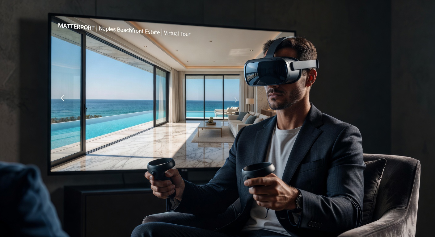 Immersive first-person perspective of person wearing VR headset experiencing a Matterport virtual tour of a Naples beachfront mansion, realistic reflections