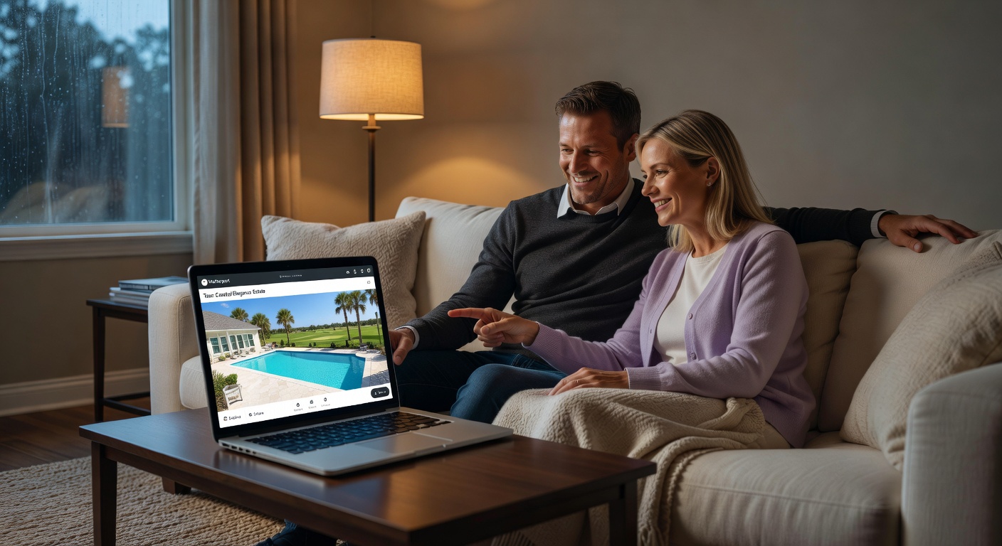Happy couple exploring a Matterport virtual tour of a Bonita Springs golf course home on their laptop while sitting on their couch in a different state, cozy living room setting, photorealistic 8K