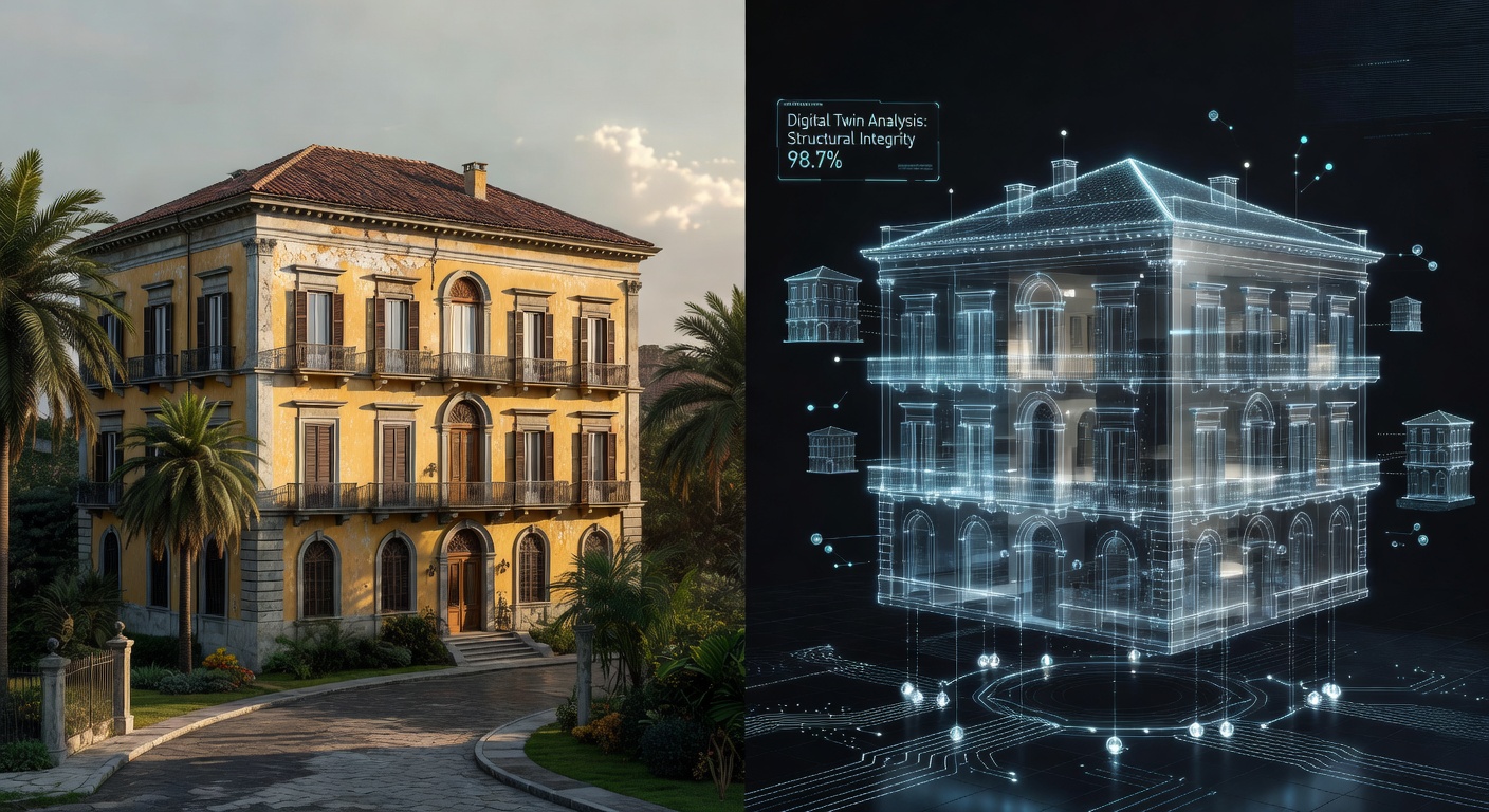 Digital twin concept art showing a split view between a real Naples mansion and its perfect 3D digital replica floating beside it, cybernetic aesthetic, 8K ultra detailed