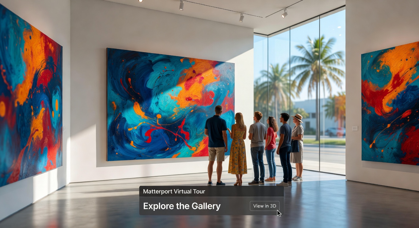 Contemporary art gallery in Naples Florida featuring large abstract paintings displayed in Matterport virtual museum tour format, visitors viewing artwork in 3D space, gallery lighting, ultra-realistic