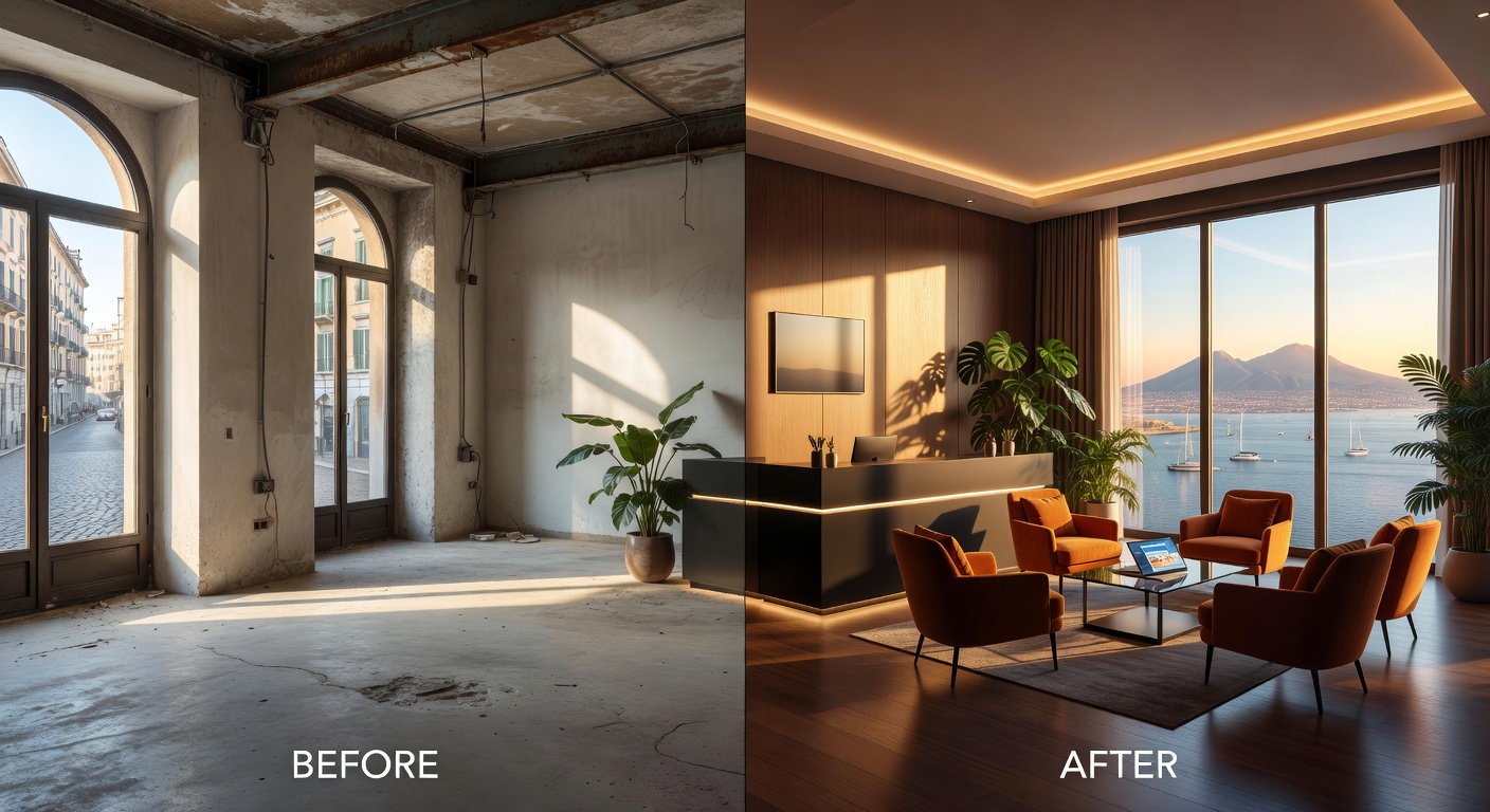 Before and after image of an empty Naples commercial space transformed into fully furnished digital twin using Matterport and virtual staging, 8K quality