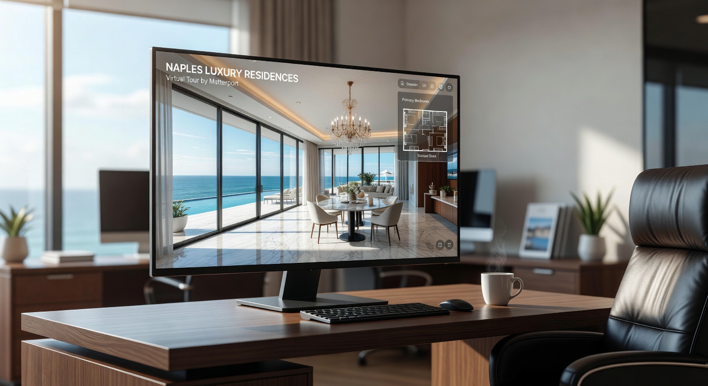 Ultra-realistic Matterport 3D virtual tour interface on a large monitor in a modern Naples real estate office, showing luxury property, professional environment, natural light
