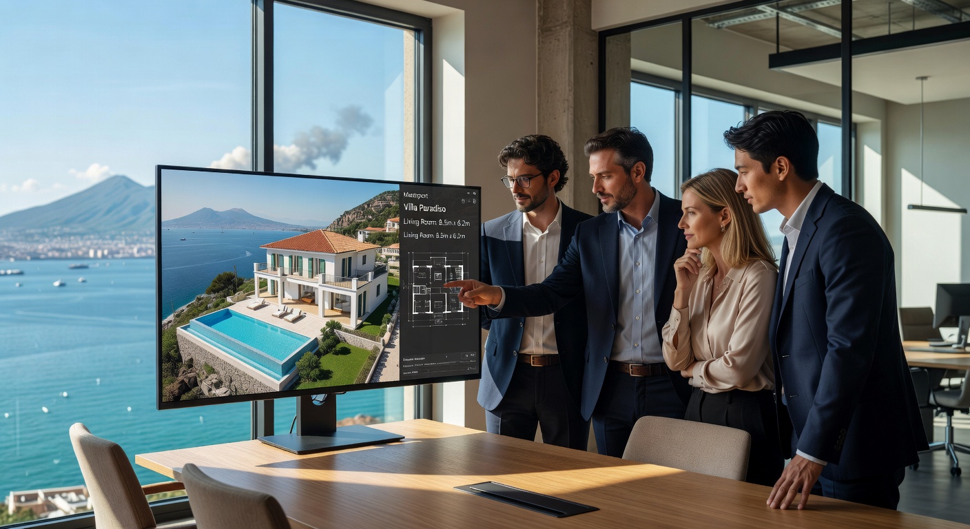 Architectural firm in Naples using large monitors to view Matterport digital twin of luxury coastal home project, architects discussing measurements, professional setting, 8K detail