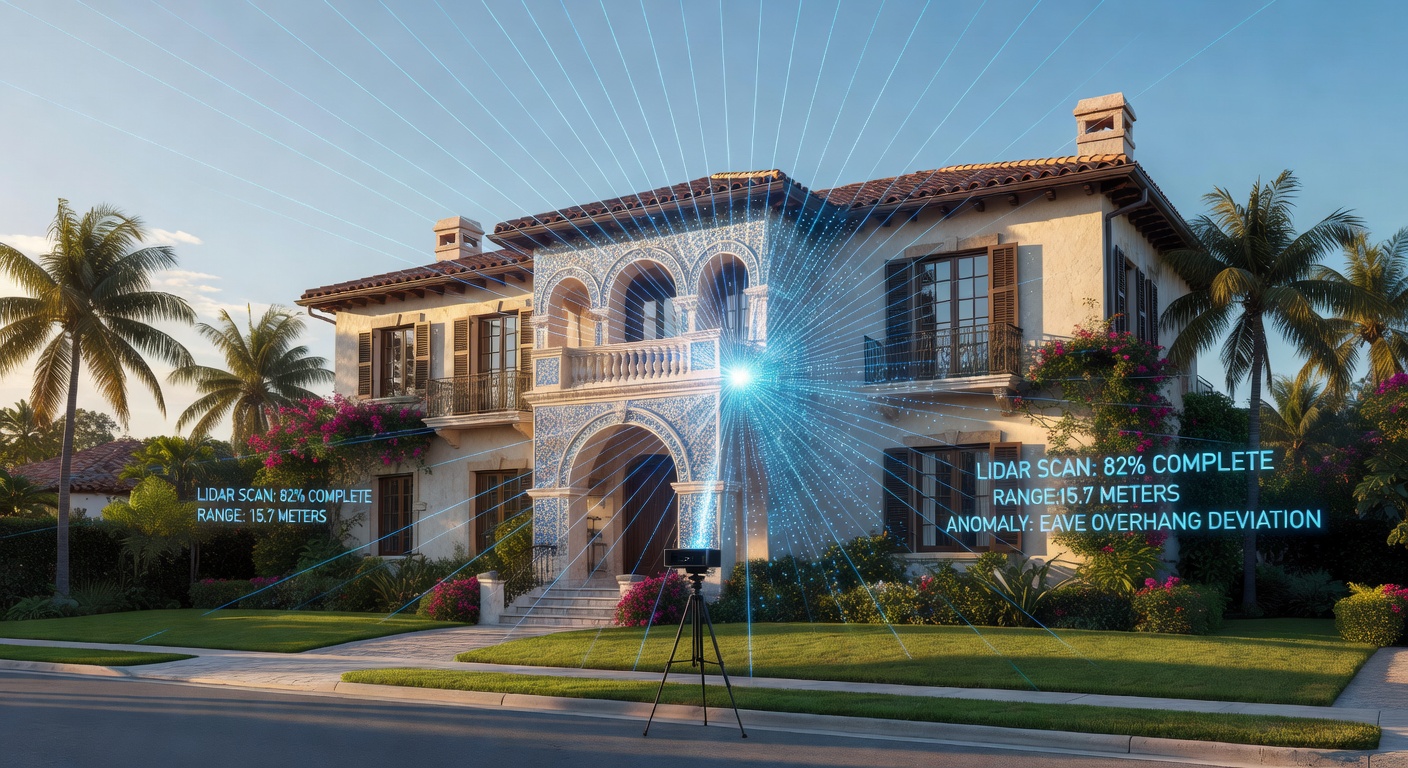Detailed 8K render of LiDAR laser scanning beams creating point cloud of ornate Mediterranean style home in Old Naples Florida, technical visualization with data overlays