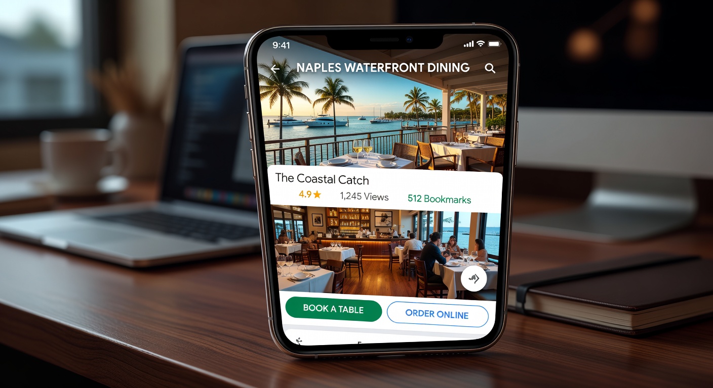 Google Business Profile interface on smartphone displaying prominent Matterport virtual tour for a Naples waterfront restaurant, high engagement metrics visible, realistic screen detail