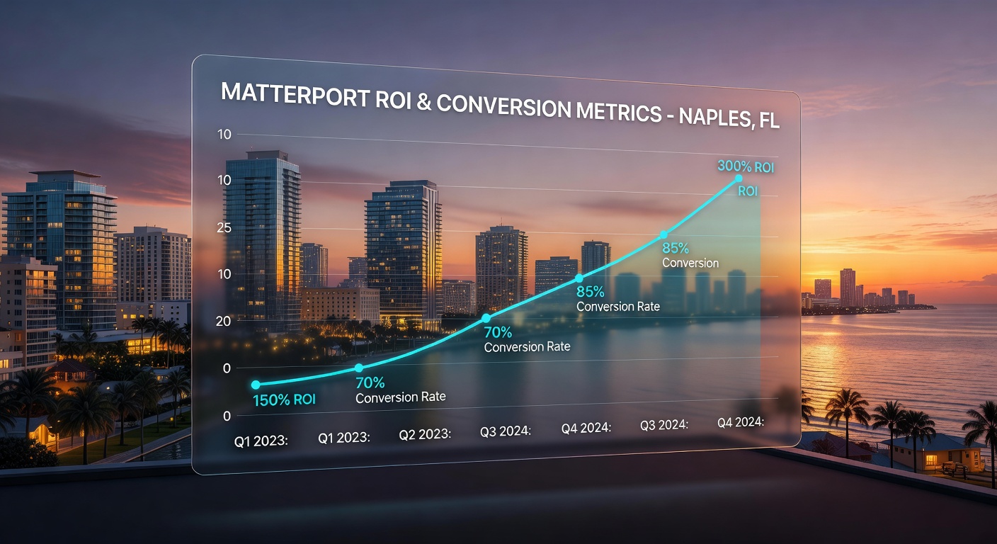 Graph showing ROI metrics and conversion statistics for Matterport virtual tours with Naples skyline in background, professional financial visualization, 8K