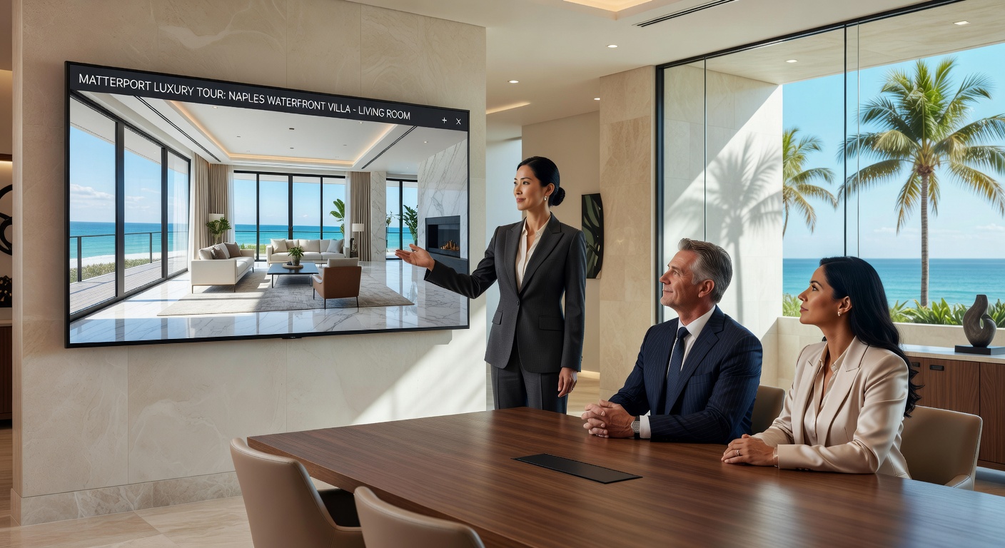 Real estate agent presenting multiple luxury property Matterport tours on a large monitor during a client meeting in an upscale Naples office, professional atmosphere, highly detailed 8K