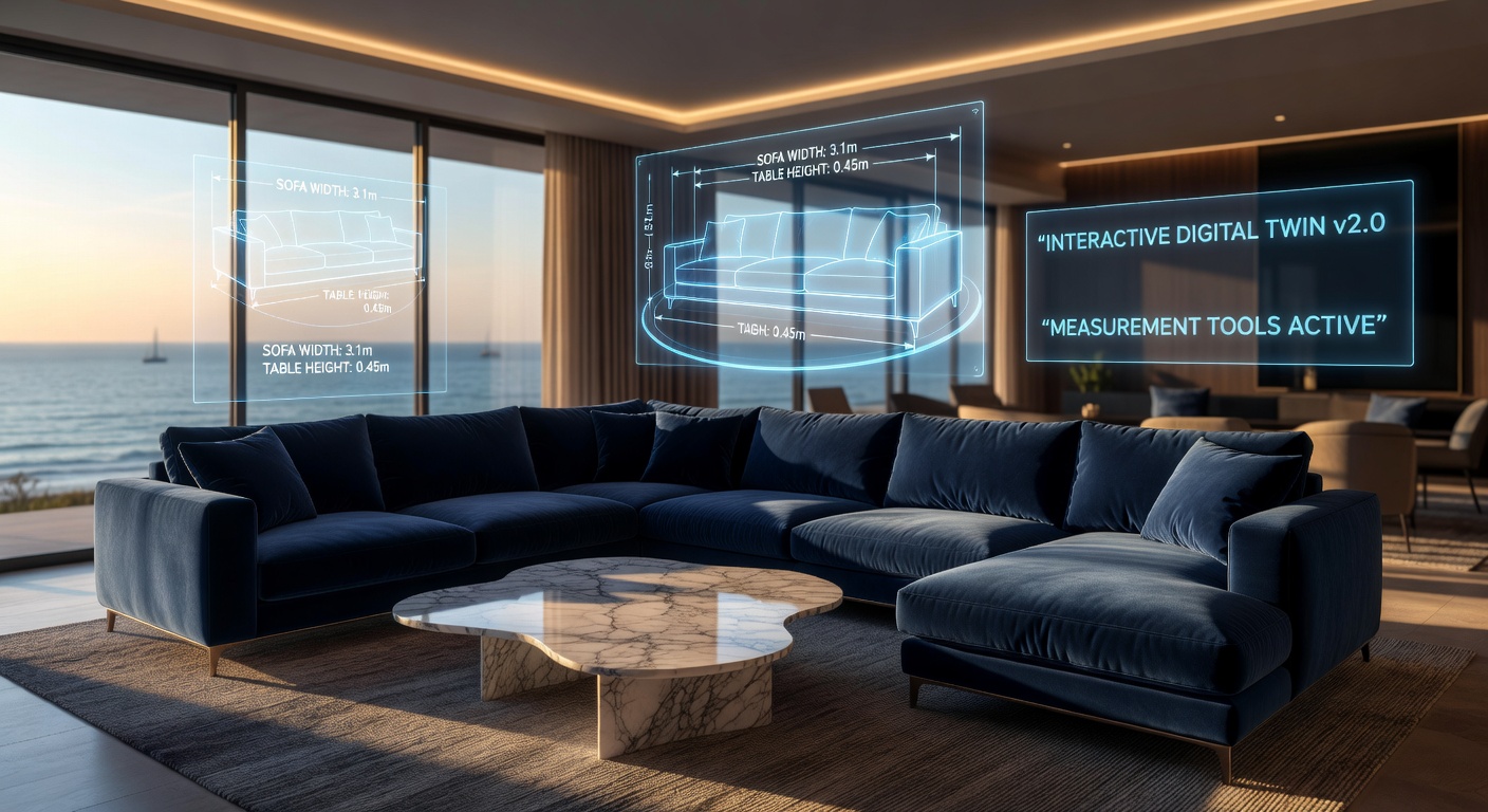 Beautiful Naples interior design project with modern furniture and Gulf views transformed into interactive digital twin, design elements highlighted with measurement tools, 8K photorealistic