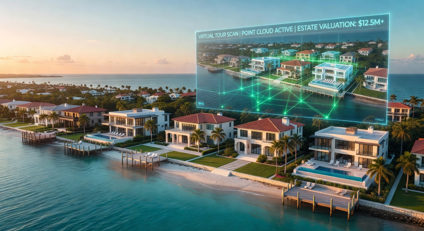 Ultra-realistic 8K aerial view of Naples Florida coastline with luxury waterfront mansions, crystal blue waters, and sophisticated digital overlay showing virtual tour scanning points with LiDAR visualization beams, golden hour lighting, photorealistic detail
