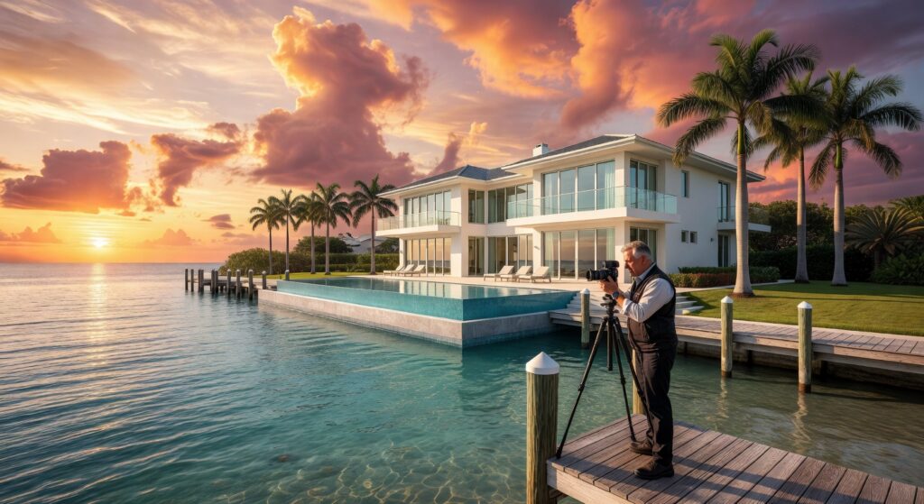 Ultra-realistic 8K photograph of a luxurious waterfront estate in Naples Florida at golden hour with Matterport camera on tripod in foreground, crystal clear water, palm trees, dramatic sky, photorealistic detail, cinematic composition