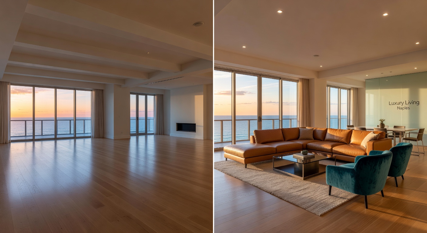 Before and after visualization of AI-powered virtual staging in an empty Naples luxury condo, showing transformation from blank space to beautifully furnished interior, side-by-side 8K realism