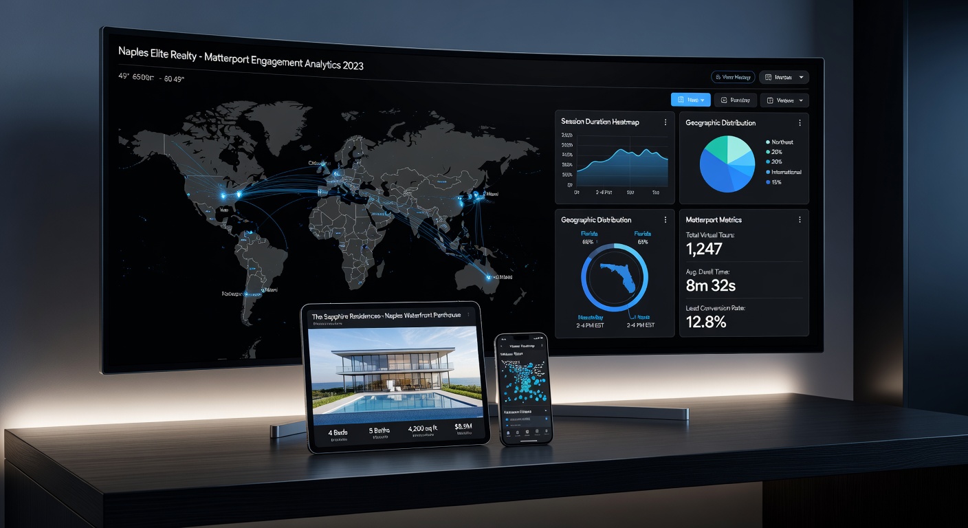 High-end Naples real estate sales dashboard showing analytics from Matterport virtual tour including viewer time, geographic locations, and engagement metrics, sleek UI, 8K resolution