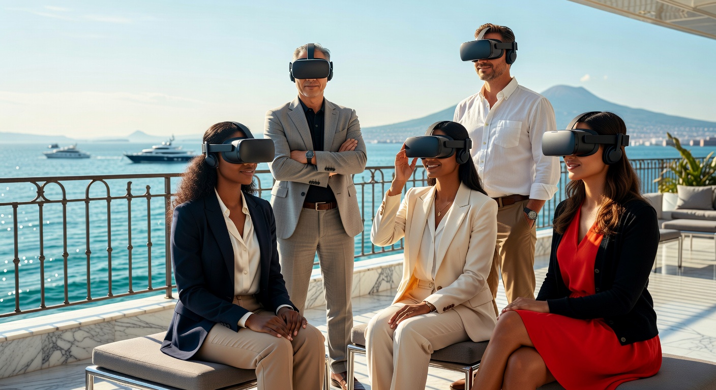 Diverse group of international clients experiencing a virtual reality tour of a Naples yacht using latest generation headsets on a sunny terrace overlooking the water, ultra-realistic 8K photography