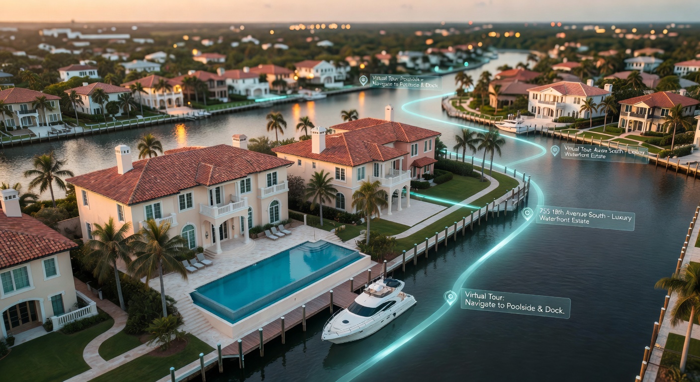 Dramatic aerial drone shot of Aqualane Shores Naples waterfront mansions with virtual tour path visualization overlay showing navigation through properties, 8K ultra realistic