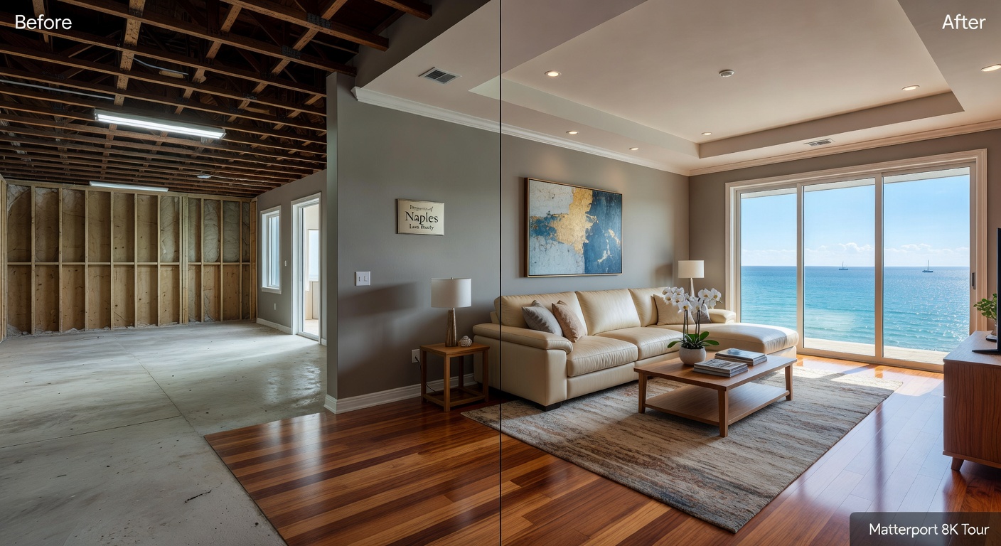 Before and after transformation showing empty room versus professionally staged room within Matterport virtual tour, same Naples property, side by side comparison, 8K detail