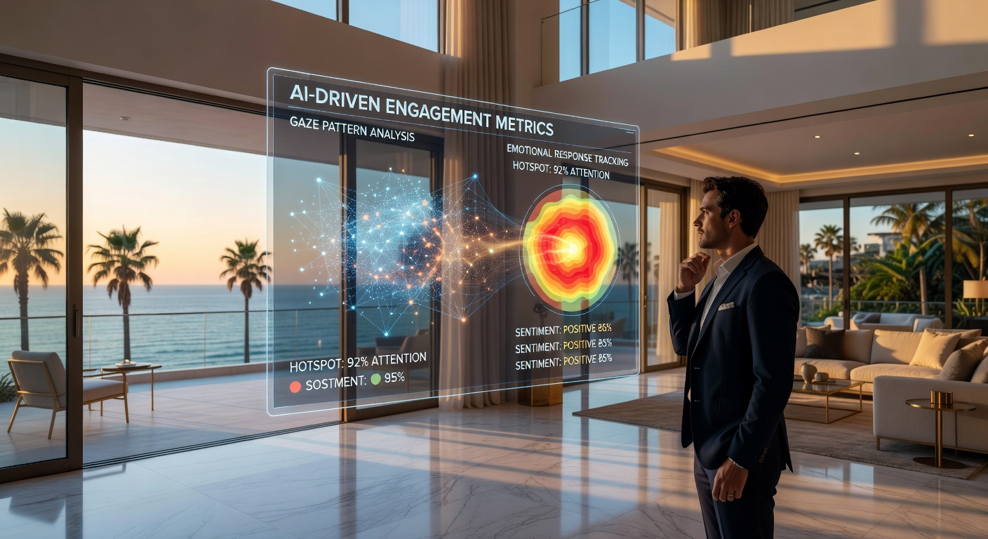 AI analyzing viewer gaze patterns and emotional responses during a virtual tour of a Naples penthouse with Gulf views, abstract data visualization combined with realistic interior, 8K resolution