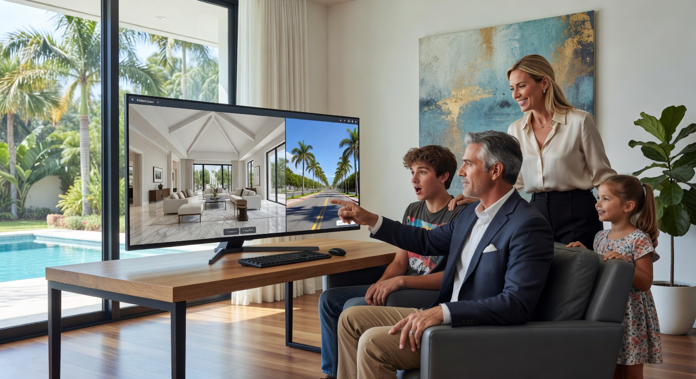 Family viewing multiple Matterport property tours on large monitor in contemporary Naples home office, engaged expressions, natural lighting, lifestyle photography style, 8K
