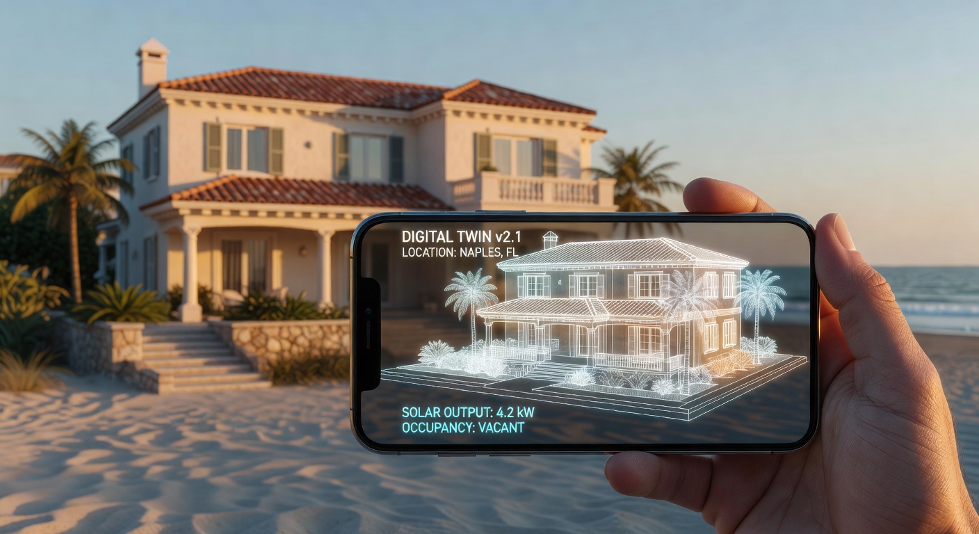 Seamless integration of physical Naples beachfront property with its complete digital twin shown in augmented reality on a smartphone screen, innovative technology visualization, ultra-realistic 8K