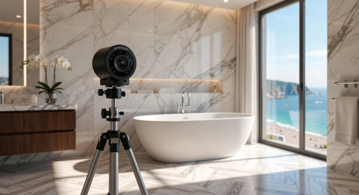 Close-up of Matterport camera capturing intricate details of luxury bathroom in Naples estate with freestanding tub and ocean view, technical precision, 8K photorealistic