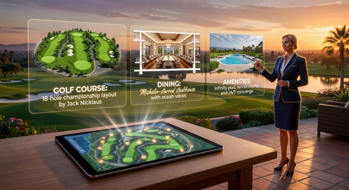 Elegant Naples country club virtual tour showing interactive elements for golf course, dining, and amenities with AI navigation assistant, luxurious atmosphere, photorealistic 8K