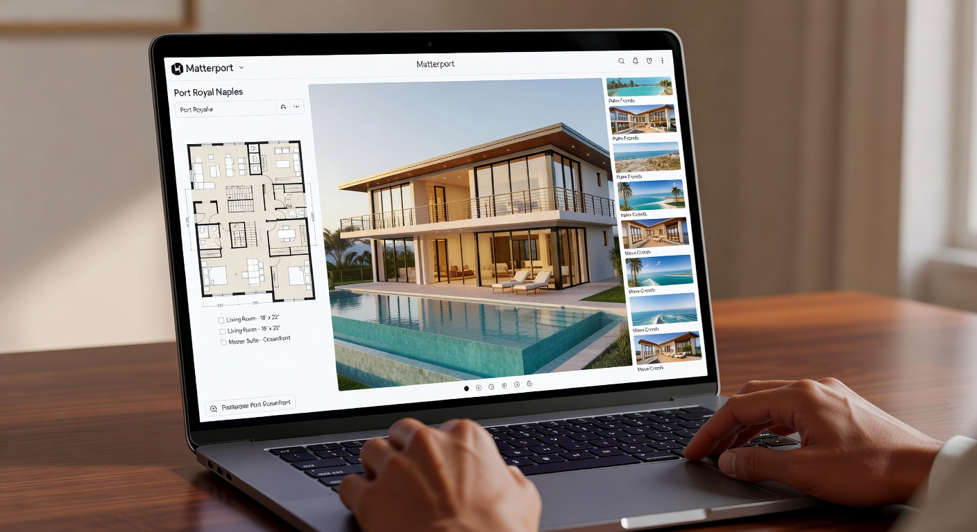 Interactive Matterport virtual tour interface on laptop screen showing floor plan, dollhouse view, and 360 panorama of Port Royal Naples estate, clean modern design, 8K