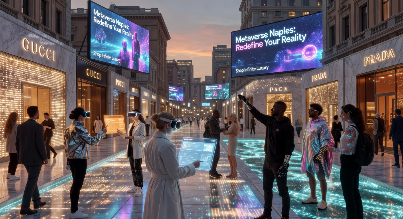 Future technology concept showing metaverse version of Naples Fifth Avenue shopping district with multiple users interacting in shared virtual space, vibrant and detailed 8K rendering