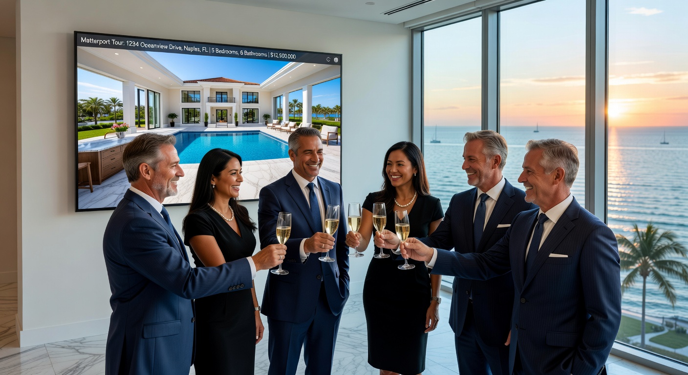 Luxury Naples real estate team celebrating successful sale with Matterport 3D tour displayed on large screen in background, champagne toast, professional setting, 8K realistic
