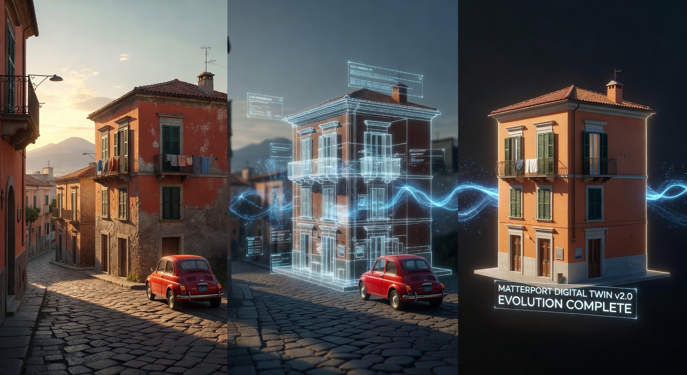 Futuristic visualization of digital twin technology evolution showing multiple stages from physical home to complete 3D Matterport model, Naples architecture style, conceptual 8K art
