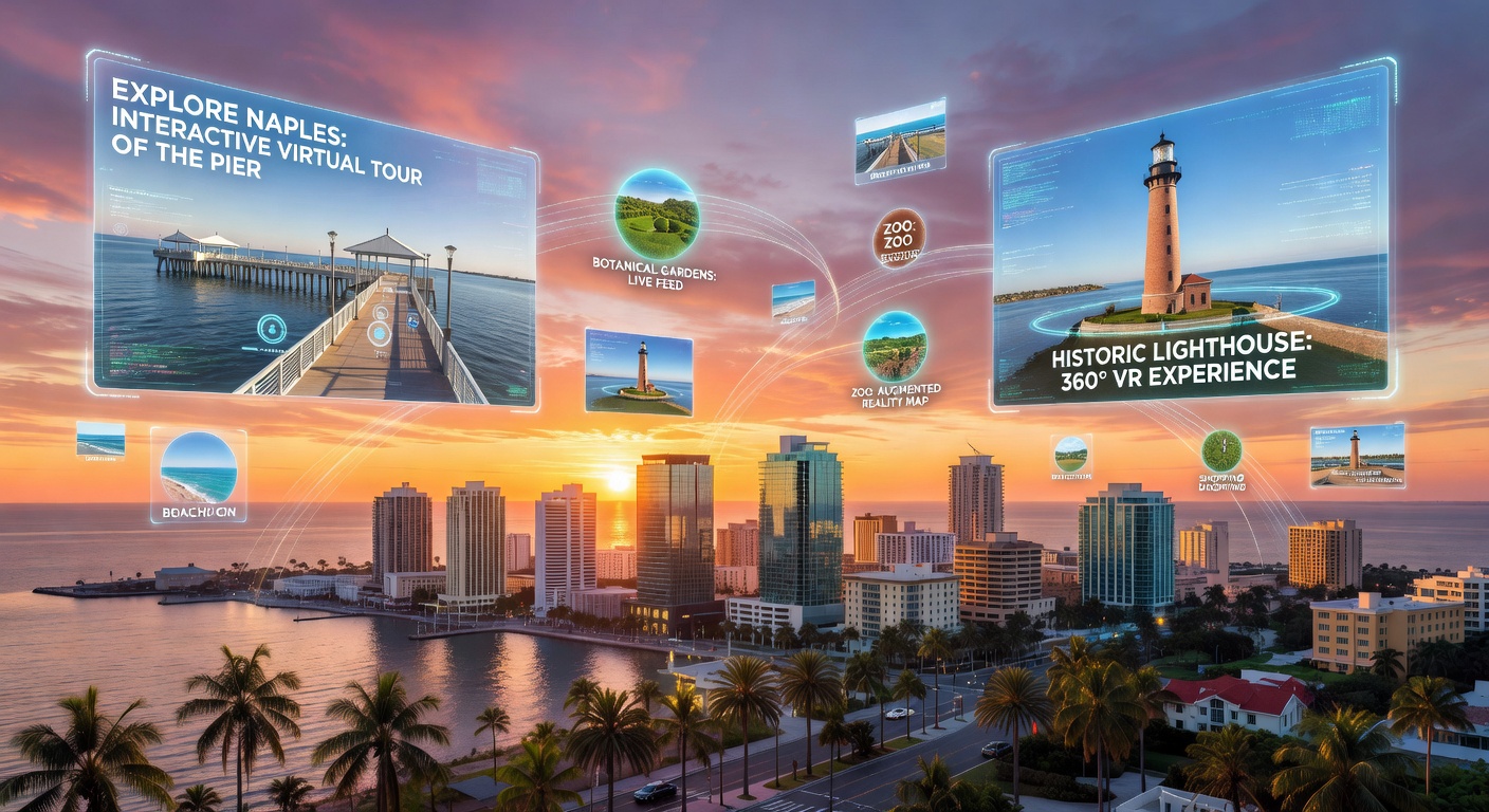 Panoramic sunset view of Naples, Florida skyline with multiple translucent holographic virtual tours of local landmarks floating above the city, representing the digital transformation of the area, epic 8K ultra-realistic image