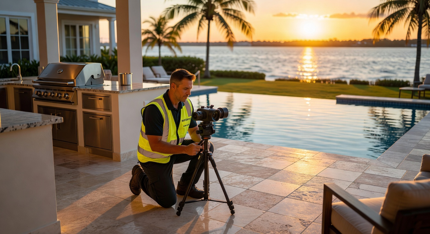 Professional Matterport scanning technician working in expansive Naples outdoor living space with pool, summer kitchen, and Intracoastal waterway view, golden hour lighting, 8K ultra detailed