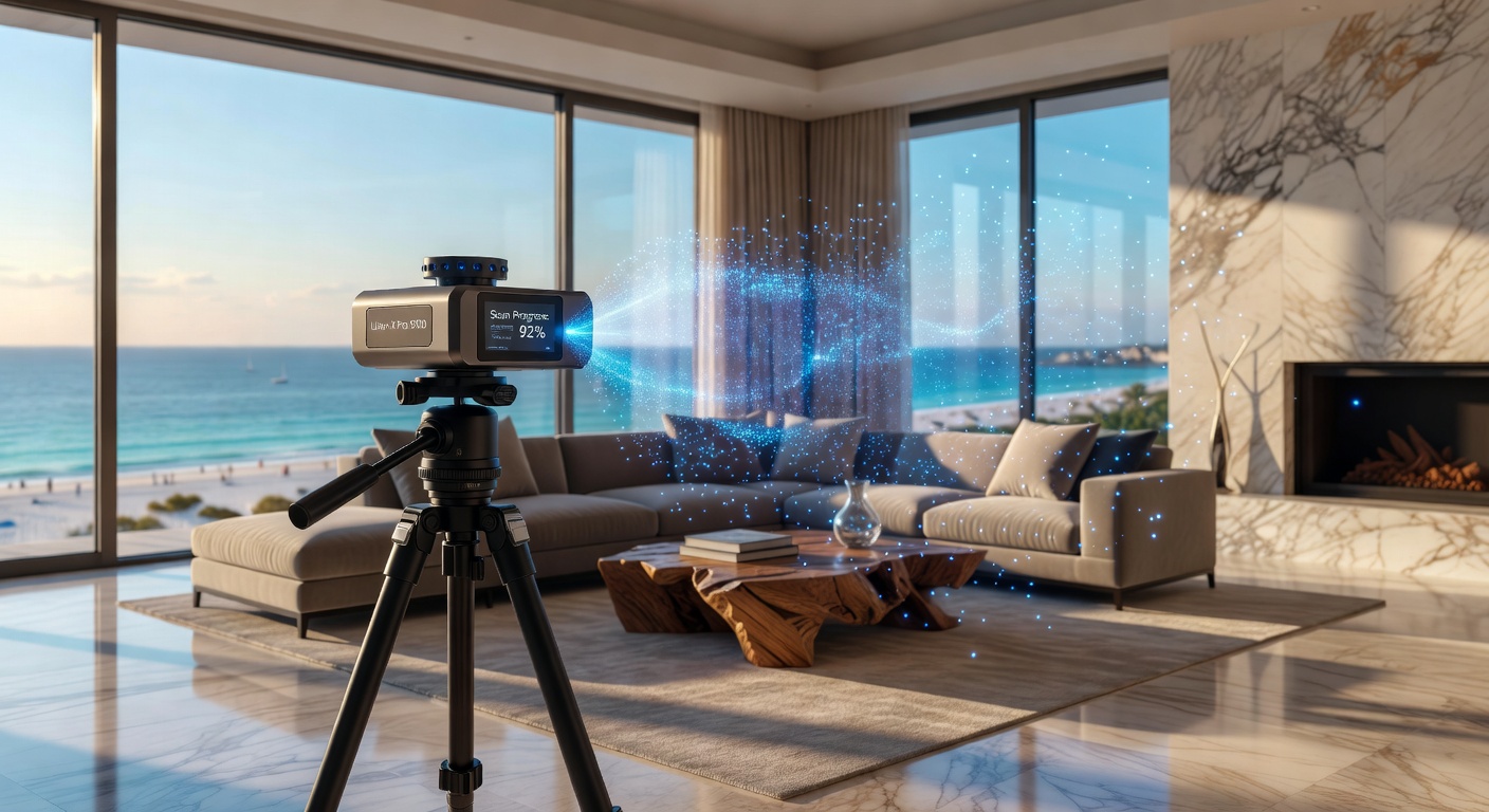 Close-up of advanced LiDAR scanning device mounted on tripod inside luxurious Naples living room with floor-to-ceiling windows overlooking the Gulf of Mexico, capturing millions of measurement points visualized as glowing blue dots, 8K ultra-realistic