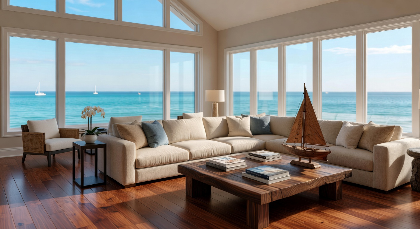 Professional Matterport Pro3 camera scanning an elegant Naples living room with high ceilings, coastal contemporary furniture, large windows overlooking the bay, natural lighting, 8K ultra detailed