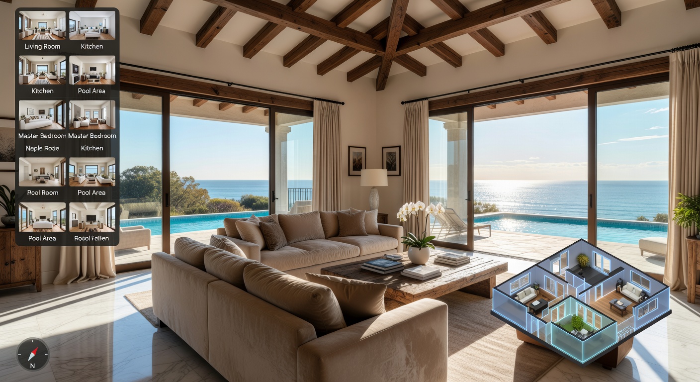Immersive first-person view inside a Matterport virtual tour of a Naples luxury home, digital interface elements visible, dollhouse view in corner, elegant interior design, 8K resolution