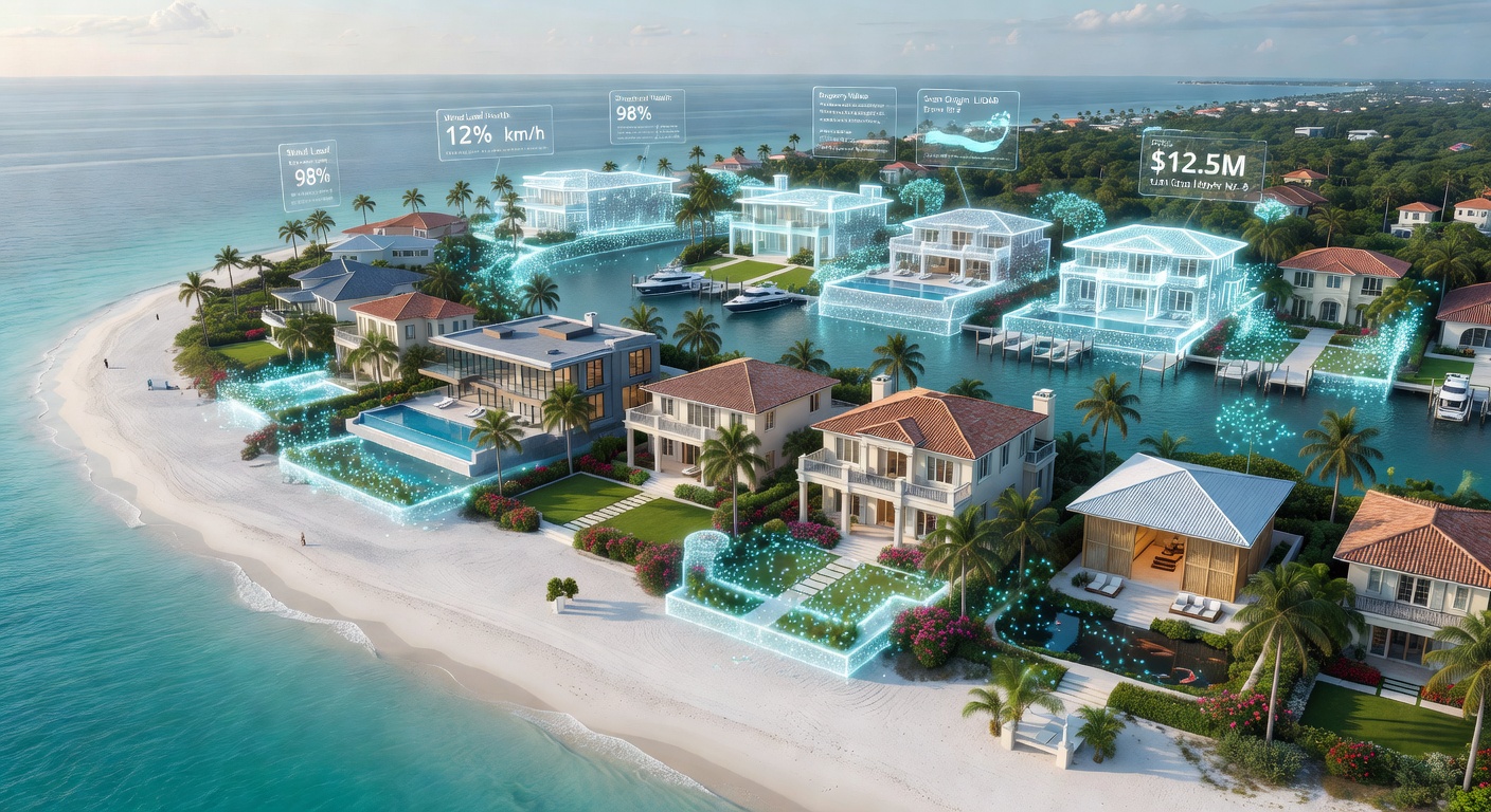 Aerial view of exclusive Naples Florida community with multiple luxury homes, digital twin visualization overlay showing 3D scanning data points, futuristic real estate technology concept, 8K