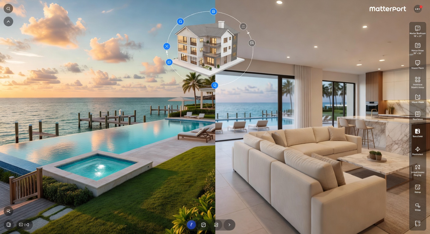 Split screen comparison showing traditional real estate photography versus Matterport 3D virtual tour of the same Naples waterfront property, professional presentation, ultra realistic 8K