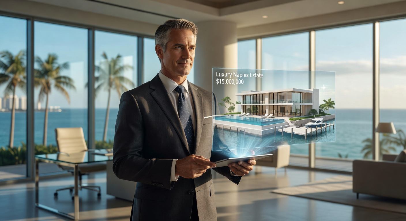 Professional real estate agent in Naples presenting a large holographic 3D virtual tour of waterfront property using advanced tablet technology, modern luxury office setting, photorealistic 8K image