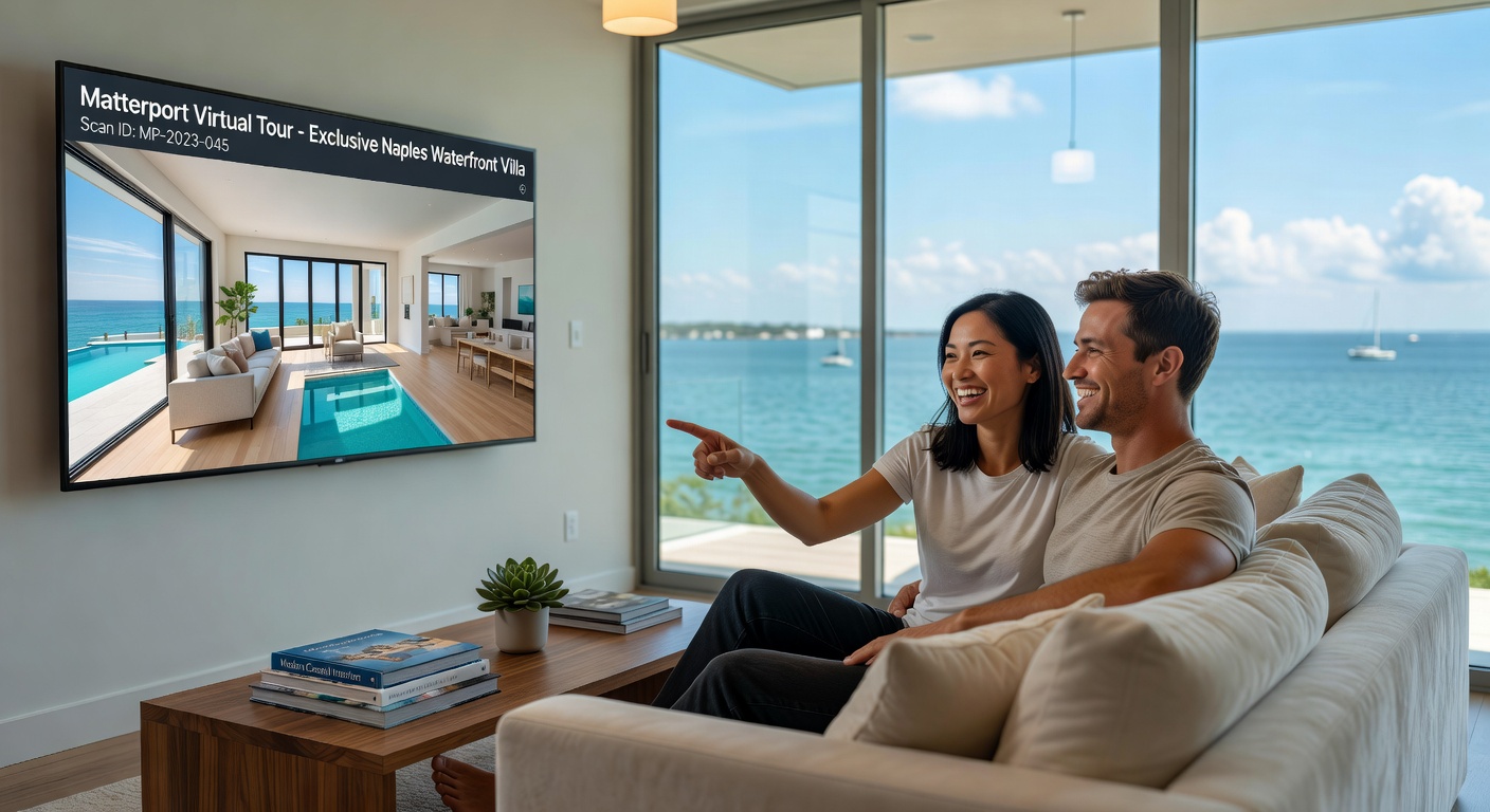 Happy couple exploring a Matterport virtual tour on large screen television in modern living room, Naples bay visible through windows, relaxed atmosphere, photorealistic 8K image