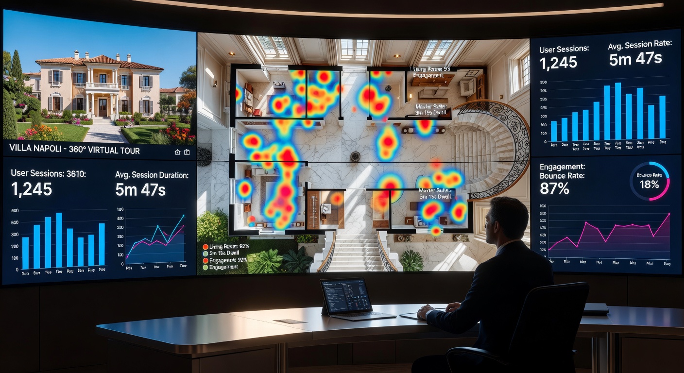 Sophisticated data analytics dashboard displaying viewer behavior heat maps for a virtual tour of a Naples mansion, with colorful interaction patterns and engagement metrics, ultra-detailed 8K visualization