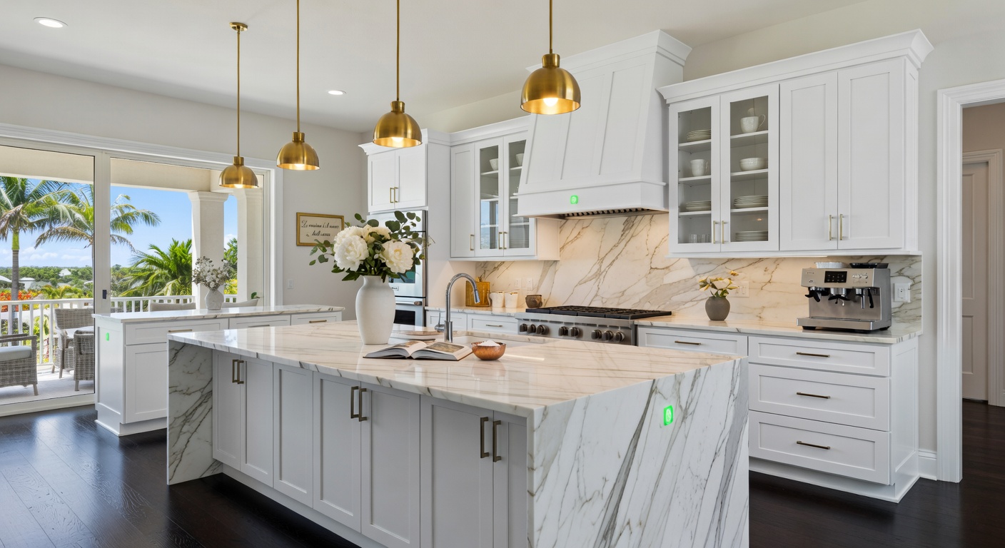 Beautifully staged Naples Florida luxury kitchen with white cabinetry, marble countertops, and Matterport scanning markers subtly visible, bright natural light, 8K ultra detailed