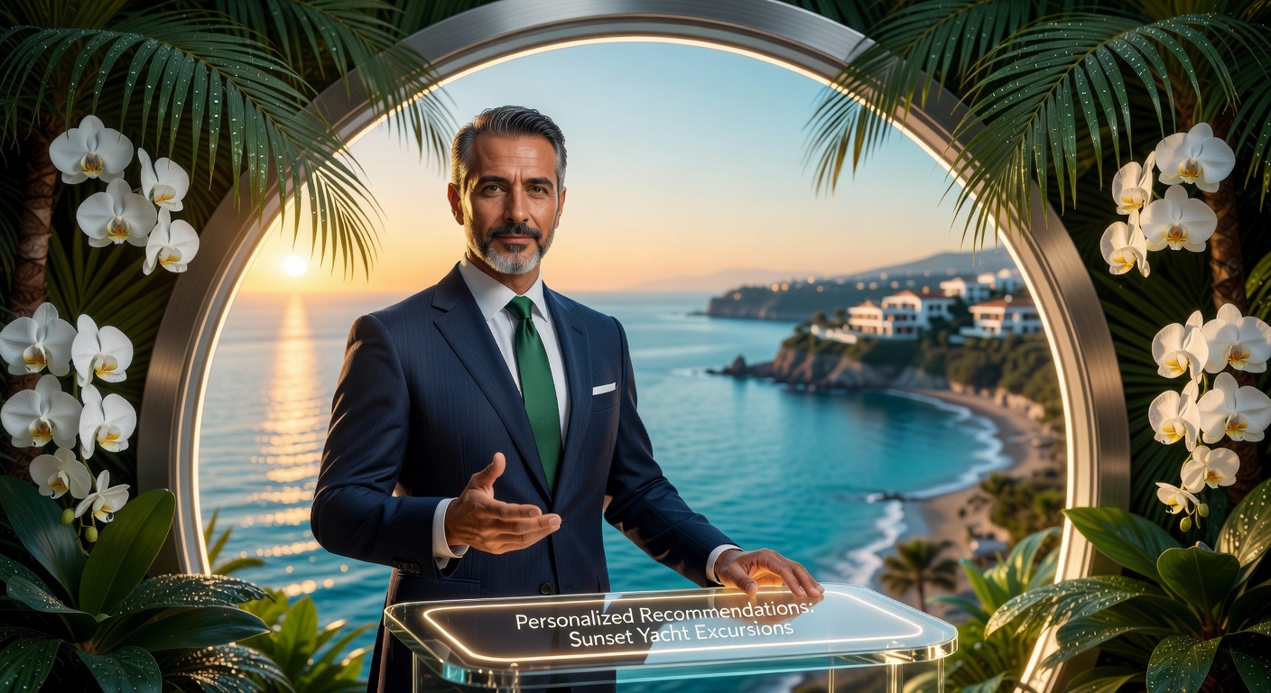 Luxury Naples resort virtual tour interface with AI concierge avatar offering personalized recommendations, elegant tropical design elements, ultra-realistic 8K digital interface