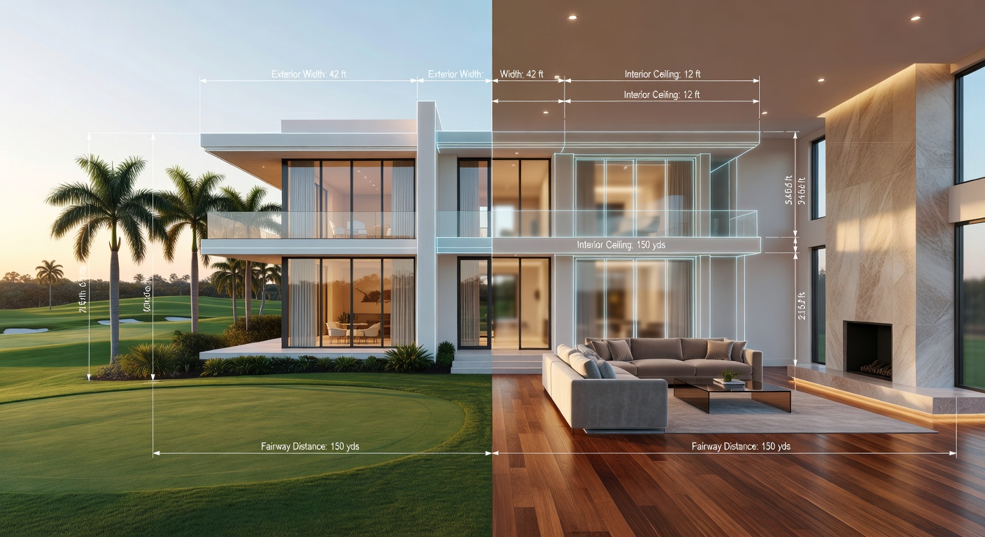 Digital twin of a Pelican Bay Naples golf course home showing both interior and exterior in 3D model format, technical visualization with measurement tools, professional 8K render