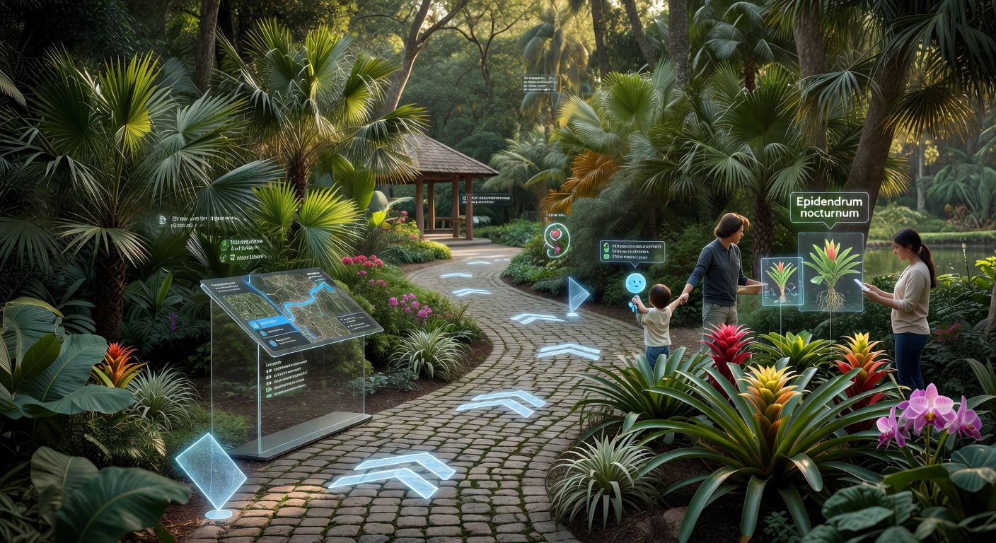 Advanced digital twin of Naples Botanical Garden with interactive educational elements and AI-guided tour paths highlighted, lush vegetation with digital overlays, 8K photorealistic