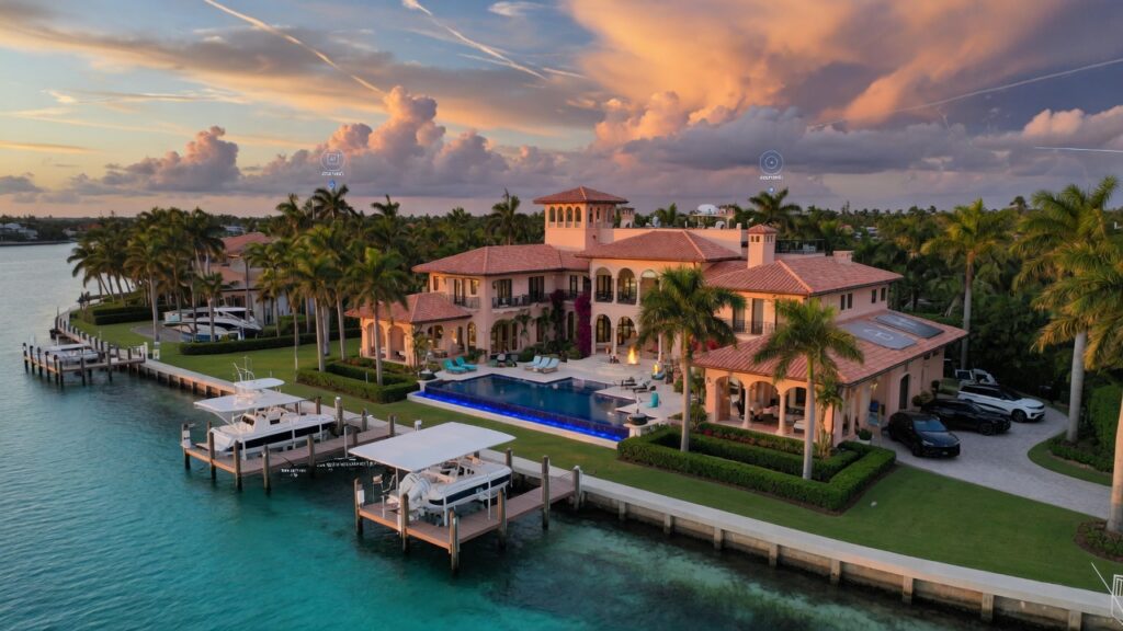 Ultra-realistic 8K aerial view of a luxurious waterfront estate in Naples Florida with Matterport camera scanning the property, golden hour lighting, crystal clear water, palm trees, dramatic clouds, cinematic composition