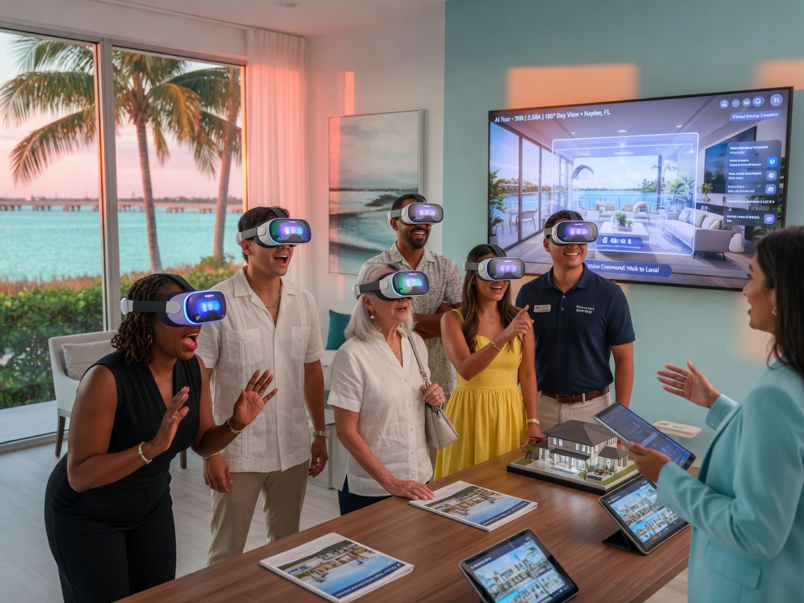 Diverse group of potential homebuyers wearing VR headsets experiencing an AI enhanced virtual tour together in a modern real estate office in Southwest Florida, 8K realistic