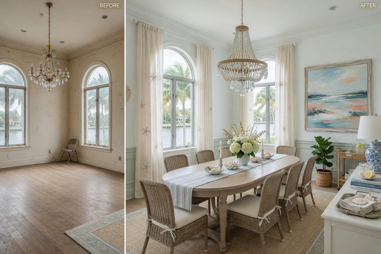 Before and after AI virtual staging of an empty formal dining room transformed into an elegant coastal chic space in a Bonita Springs estate, natural light, photorealistic 8K