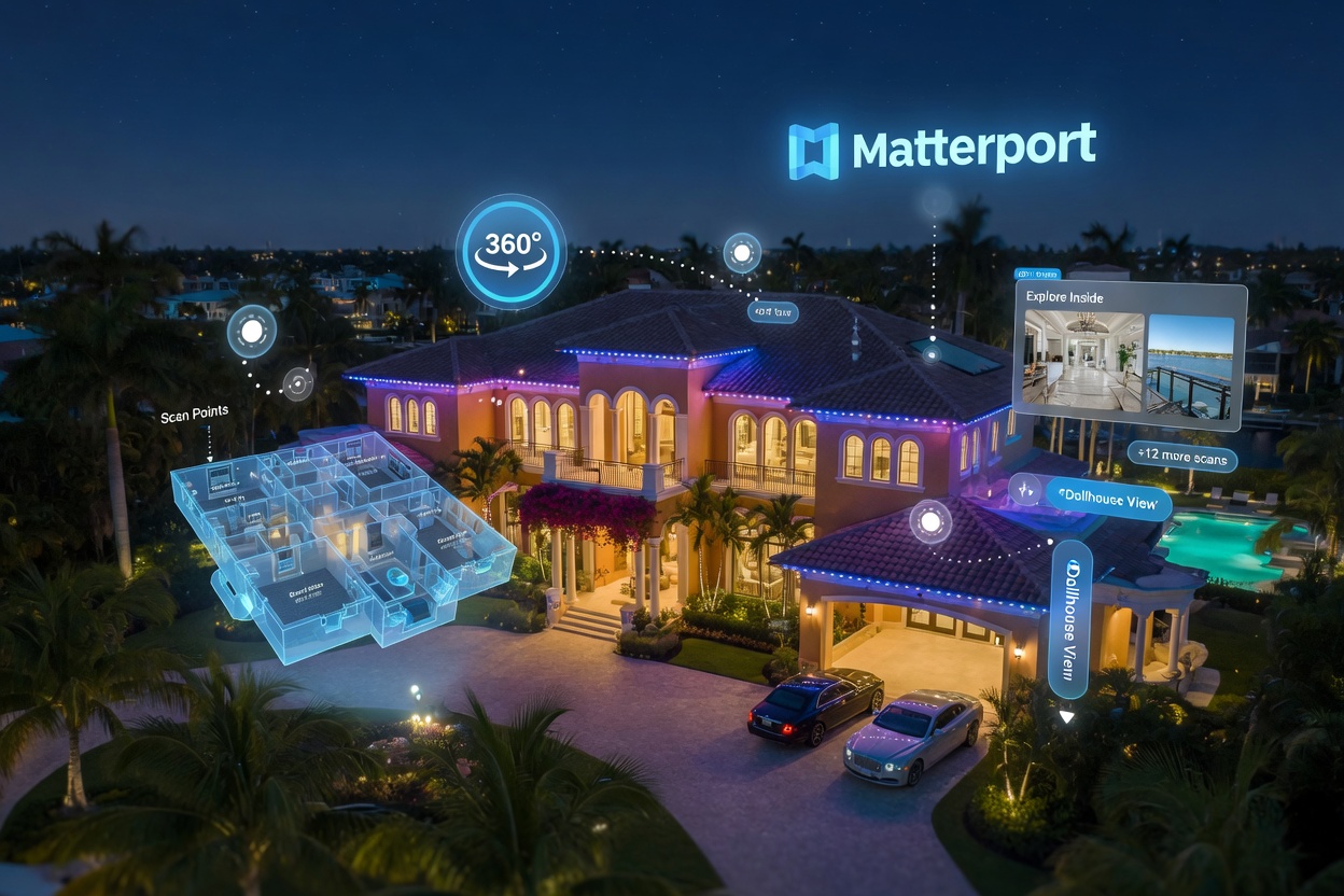 Night time exterior of a fully illuminated luxury Naples home with glowing 3D Matterport tour interface elements floating around the property, cinematic lighting, 8K