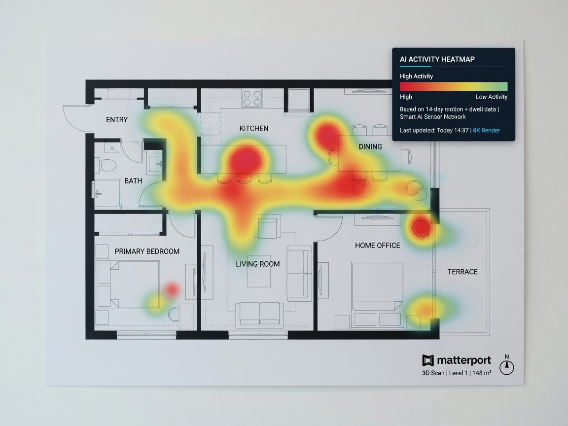 Smart AI heat map visualization overlay on a Matterport floor plan showing hot spots in red and yellow, modern minimalist design, data visualization, 8K resolution