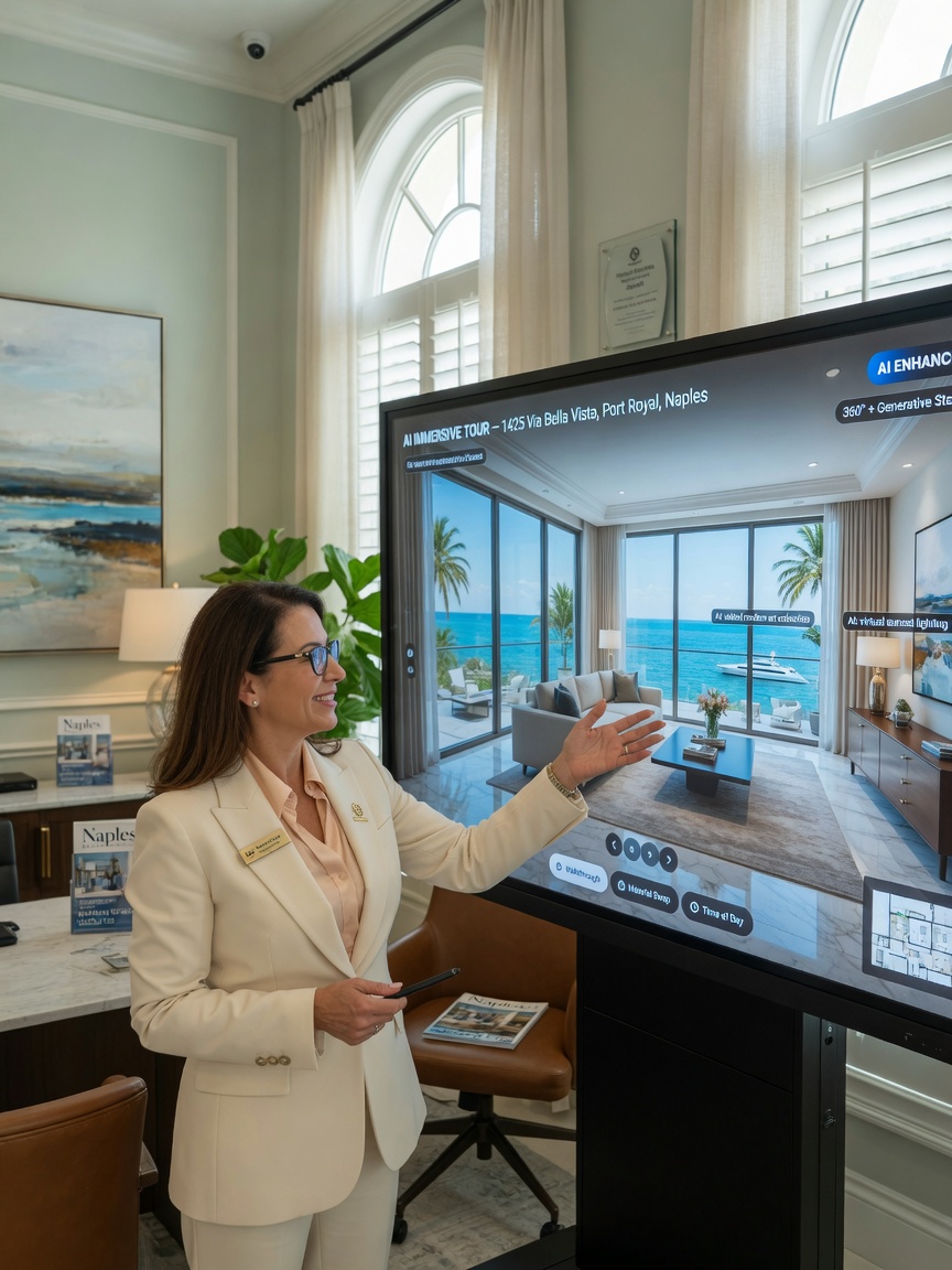 Real estate agent presenting AI enhanced virtual tour on a large touchscreen display in a sophisticated Naples real estate office, natural light, professional atmosphere