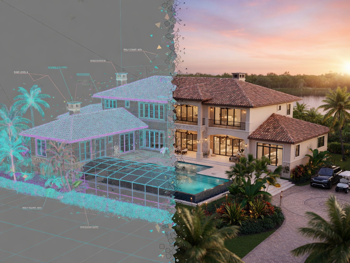 Ultra detailed 3D mesh wireframe of a Southwest Florida luxury home transitioning into fully rendered photorealistic version, technical and artistic, 8K